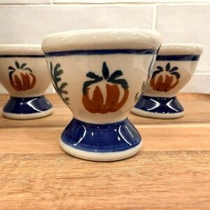 Polish Pottery Egg Cup Pumpkin Hand Painted Ceramic Blue Cream Farmhouse Harvest
